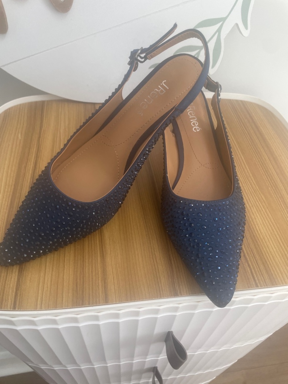 J.Renee Navy Pointed Crystal Slingback Flats